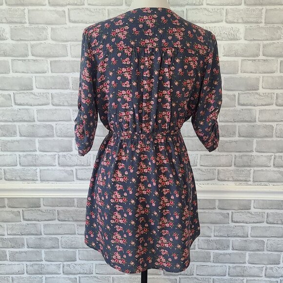 Wet Seal Womens Mini Dress Blue Floral 3/4 Roll Tab Sleeves M Cottage Feminine - Picture 5 of 7